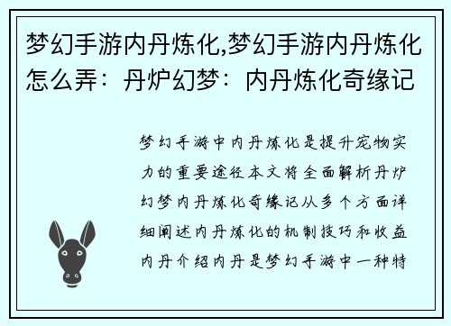 梦幻手游内丹炼化,梦幻手游内丹炼化怎么弄：丹炉幻梦：内丹炼化奇缘记